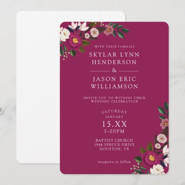 Invitation Élégant floral aquarelle bordeaux mariage humeur (Devant / Derrière)