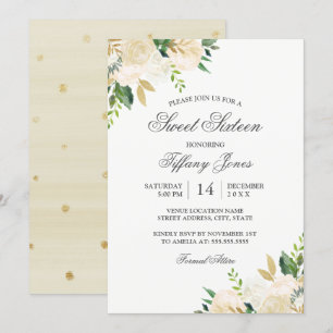 Invitation Élégant floral aquarelle or Sweet Sixteen
