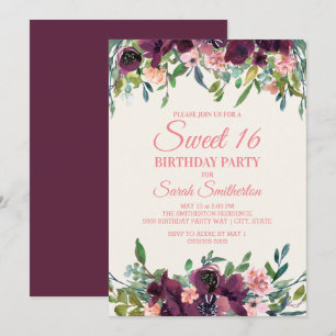 Invitation Élégant floral aquarelle rose bordeaux Sweet 16