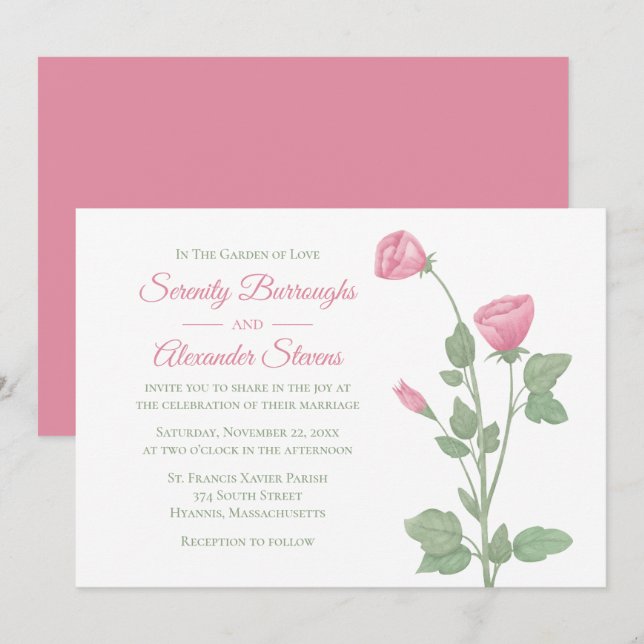 Invitation Elégant Floral Aquarelle rose Fleurs Mariage (Devant / Derrière)