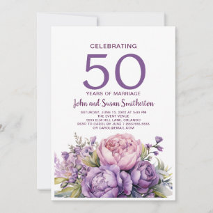 Invitation Élégant floral aquarelle violet 50e anniversaire