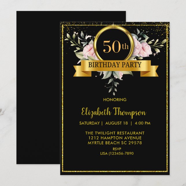 Invitation Elégant Floral Black Gold 50e anniversaire (Devant / Derrière)