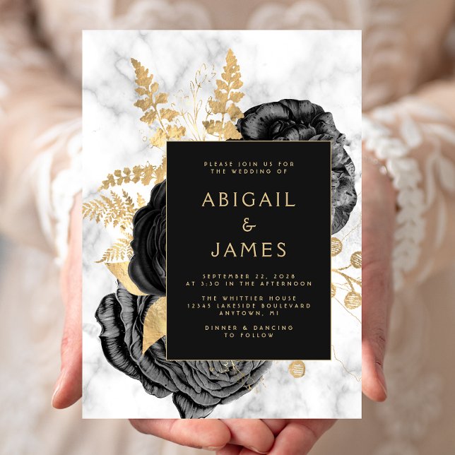 Invitation Elegant Floral Black Gold Gray Marble Wedding (Créateur téléchargé)