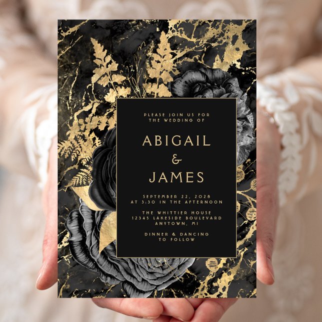 Invitation Elegant Floral Black Gold Marble Wedding (Créateur téléchargé)
