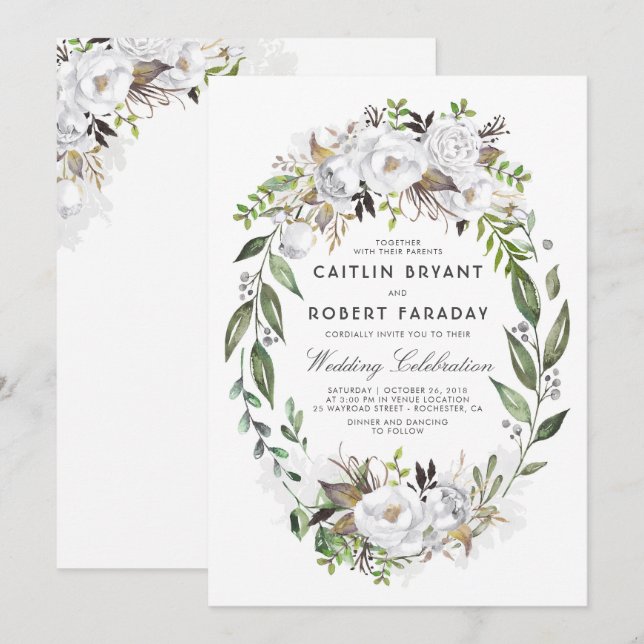 Invitation Élégant floral blanc | Aquarelle Mariage de verdur (Devant / Derrière)
