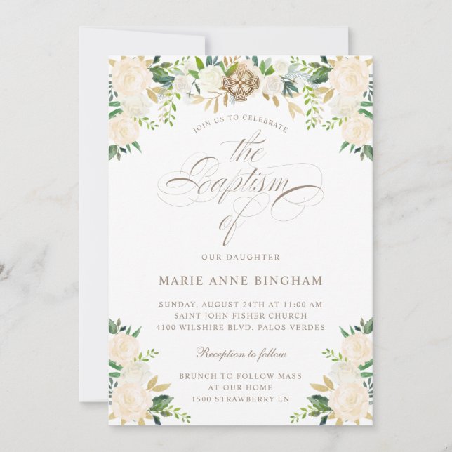 Invitation Élégant Floral Blanc Beige Calligraphie Baptême (Devant)