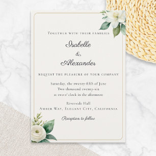 Invitation Élégant floral blanc et feuillage en faux or