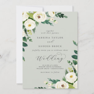 Invitation Élégant floral blanc   Mariage Sage Mint