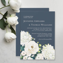 Invitation Elégant floral blanc sur Mariage bleu marine