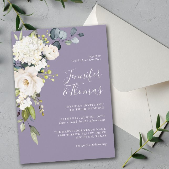Invitation Élégant floral blanc sur Mariage de lavande (Créateur téléchargé)