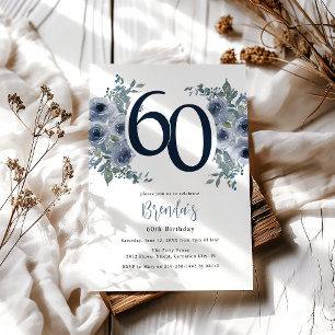 Invitation Élégant Floral Bleu 60e Anniversaire