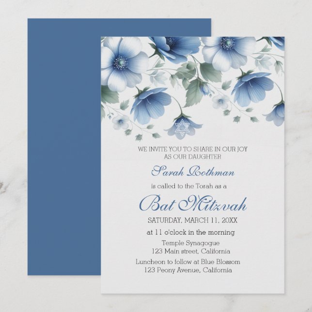 Invitation Élégant Floral Blue Girl Bat mitzvah (Devant / Derrière)