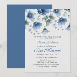 Invitation Élégant Floral Blue Girl Bat mitzvah