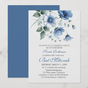 Invitation Élégant Floral Blue Girl Bat mitzvah