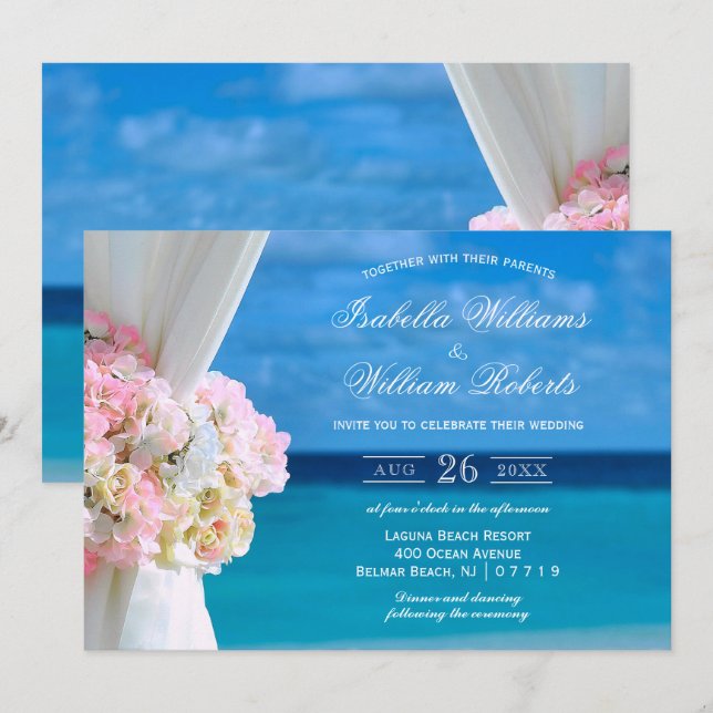 Invitation Elégant Floral Blue Ocean Beach Mariage d'été (Devant / Derrière)
