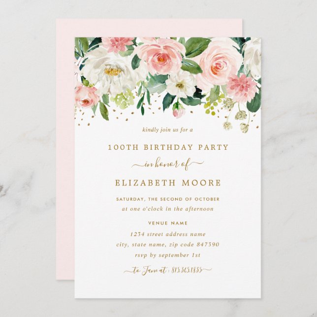 Invitation Elégant floral Blush Gold 100e anniversaire (Devant / Derrière)