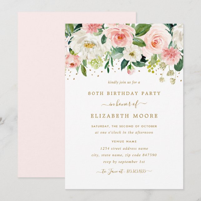 Invitation Elégant floral Blush Gold 80e anniversaire (Devant / Derrière)