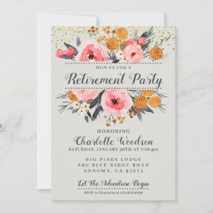 Invitation Élégant Floral Blush Pink Gold Retraite Party dans