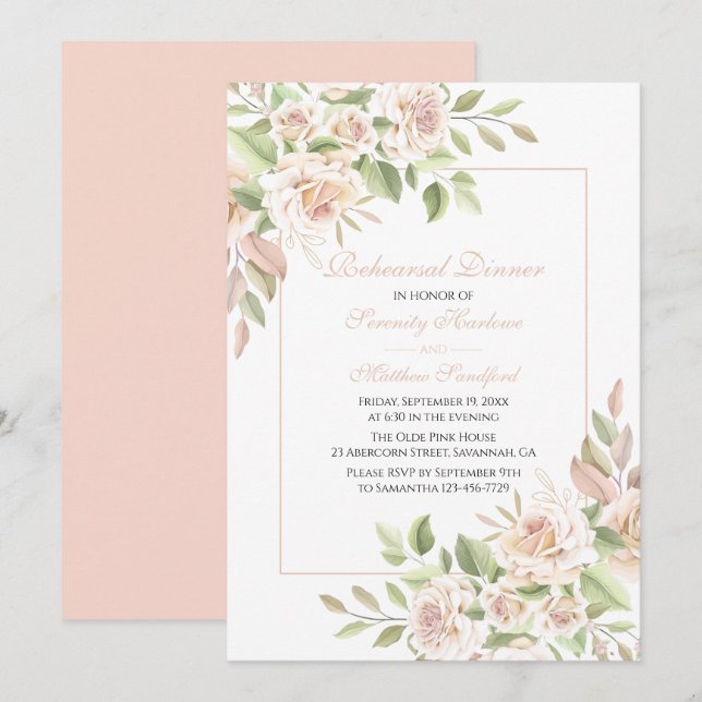 Invitation Élégant Floral Blush Rose Répétition Dîner En (Devant / Derrière)