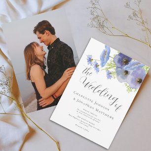 Invitation Élégant floral bohème bleu en aquarelle pour photo
