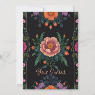 Invitation Élégant floral bohème chic vintage noir