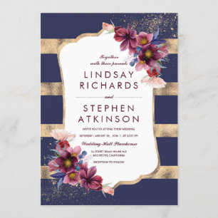 Invitation Elégant Floral Bourgogne Marine et Mariage d'or