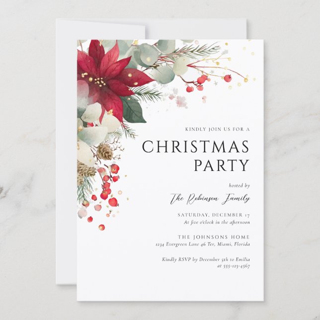Invitation Elegant Floral Christmas Party Red (Devant)