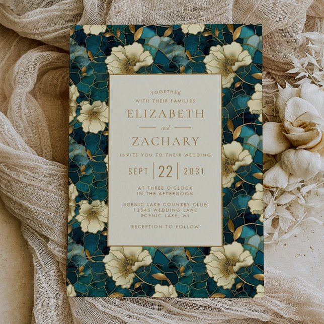 Invitation Élégant Floral Dark Turquoise Cream Mariage or (Créateur téléchargé)