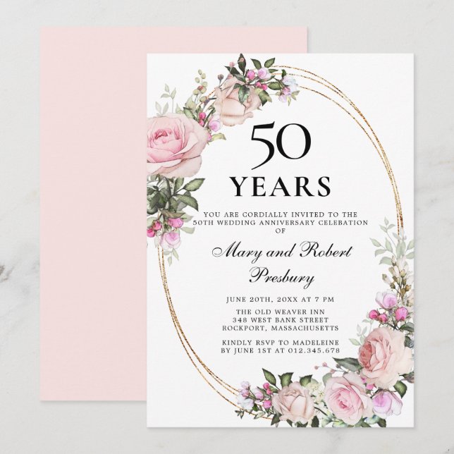Invitation Élégant floral de rose rose pour 50e anniversaire (Devant / Derrière)