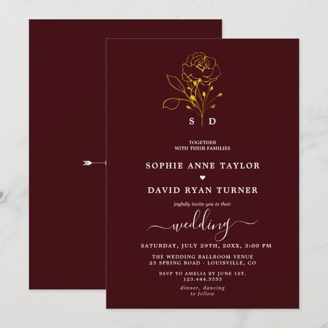 Invitation Elegant Floral Deep Burgundy Gold Monogram Wedding (Devant / Derrière)
