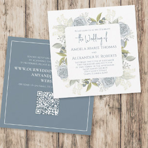 Invitation Elégant Floral Dusty Blue Classic Rose QR Code