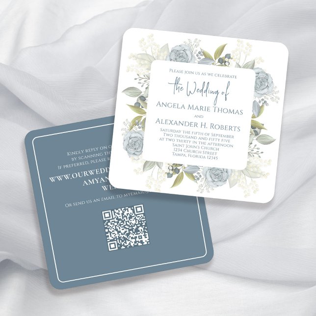 Invitation Elégant Floral Dusty Blue Classic Rose QR Code (Elegant light blue watercolor floral square invitation with scannable QR code. )
