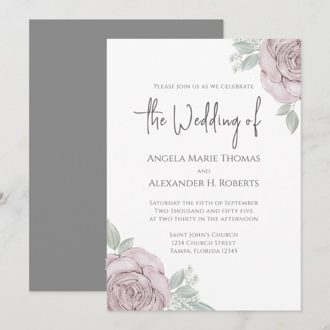 Invitation Elégant Floral Dusty Rose Aquarelle Fleurs (Devant / Derrière)