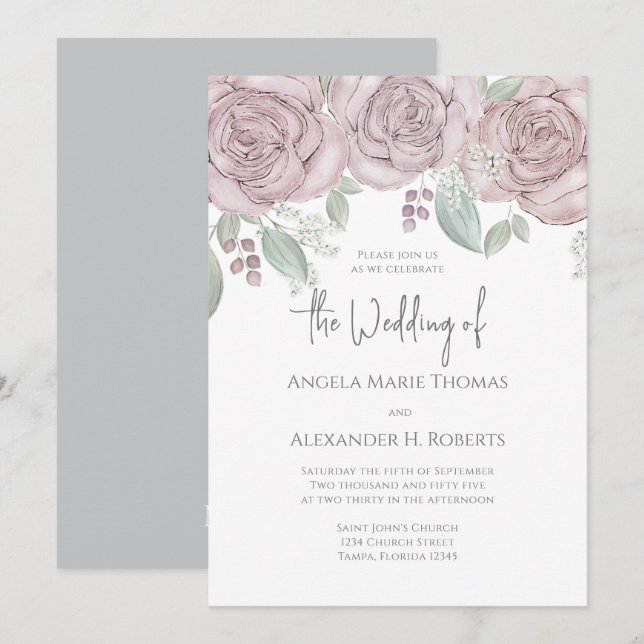 Invitation Elégant floral Dusty Rose classique aquarelle (Devant / Derrière)