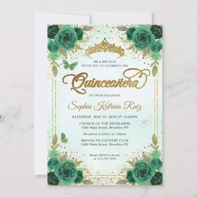 Invitation Élégant Floral Emerald Green Glam Gold Quinceañera (Devant)