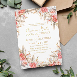 Invitation Élégant floral et feuille espagnol Notre Mariage
