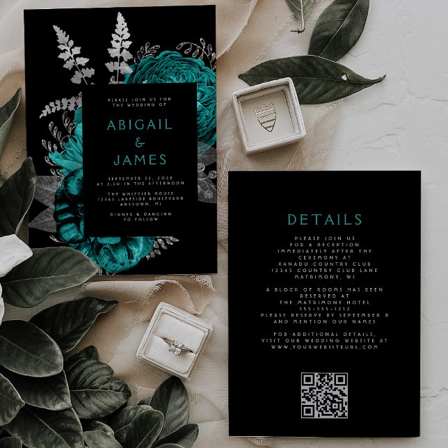 Invitation Élégant floral foncé Turquoise argent QR Code Mari (Créateur téléchargé)