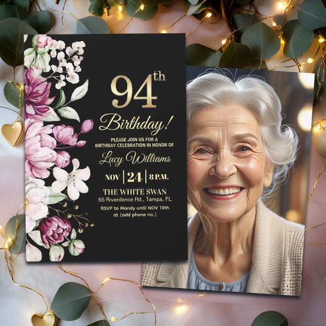 Invitation Elegant Floral Gold 94 Birthday Photo (Créateur téléchargé)