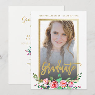 Invitation Élégant Floral Gold Chic Photo Party Graduation