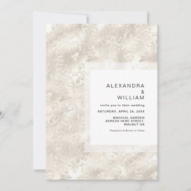 Invitation Élégant floral ivoire Faux Foil Pearl Glam Mariage (Devant)