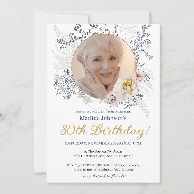Invitation Elégant floral jaune photo personnalisée 80e anniv (Devant)