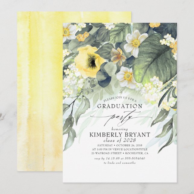 Invitation Élégant floral jaune stylé printemps diplômé (Devant / Derrière)