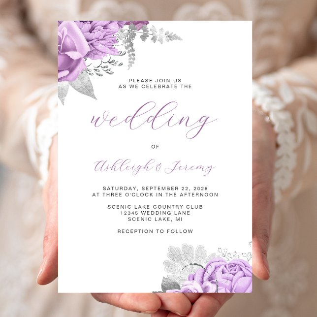 Invitation Élégant floral Lilac Mariage de script argent (Créateur téléchargé)