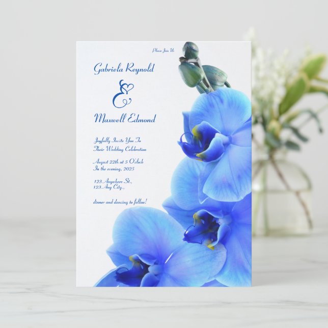 Invitation Élégant Floral Love Blue Orchids Mariage (Debout devant)