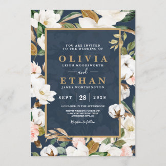 Invitation Élégant Floral Magnolia Fardé Navy Neutre