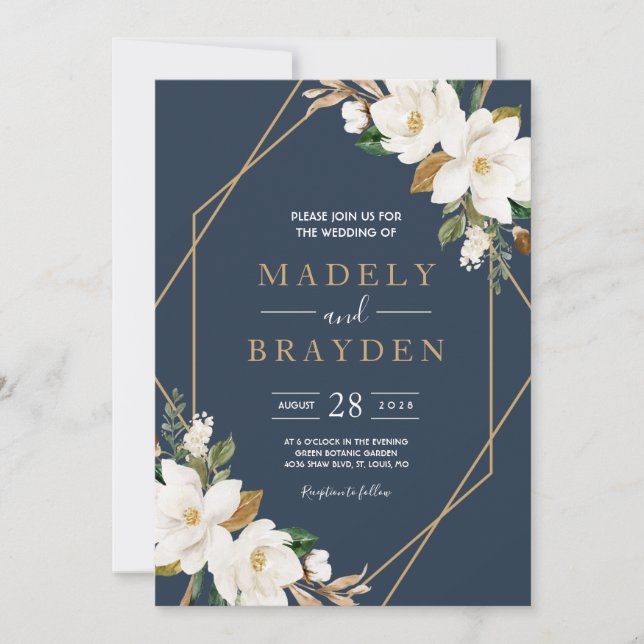 Invitation Élégant Floral Magnolia Fardé Navy Neutre (Devant)