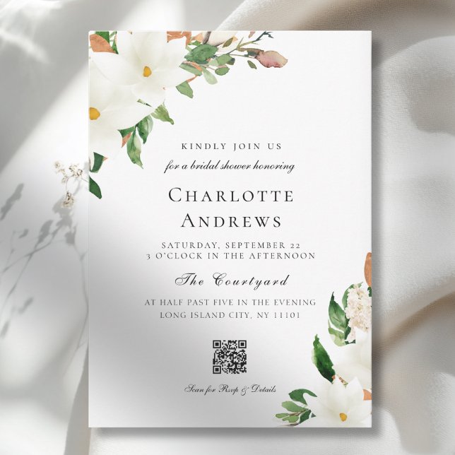 Invitation Elegant  Floral Magnolia QR Code Bridal Shower (Elegant Floral Magnolia QR Code Bridal Shower Invitation)
