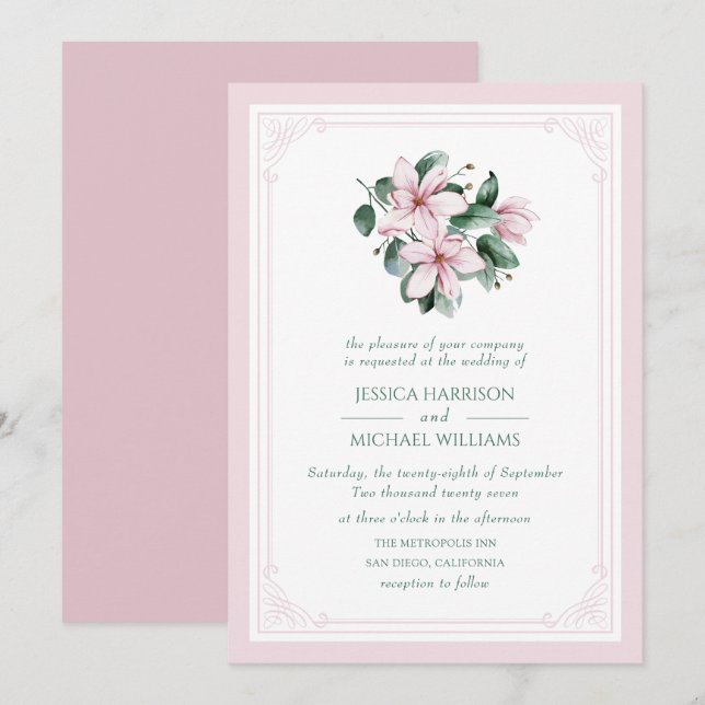 Invitation Élégant Floral Magnolia rose Mariage formel (Devant / Derrière)
