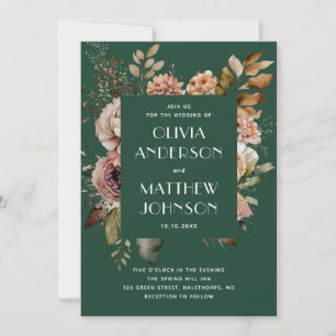 Invitation Élégant floral mariage Vert forêt foncé + QR