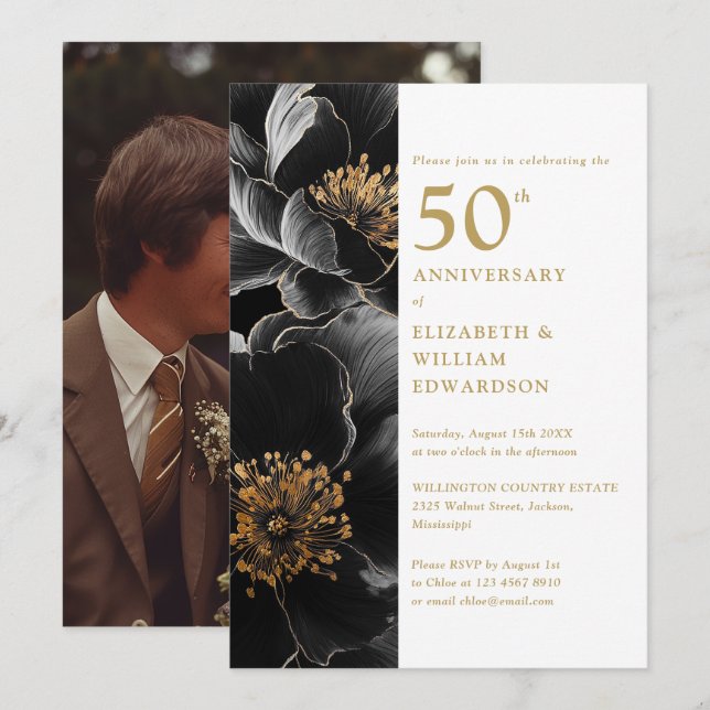 Invitation Elégant floral moderne 50e anniversaire Photo (Devant / Derrière)